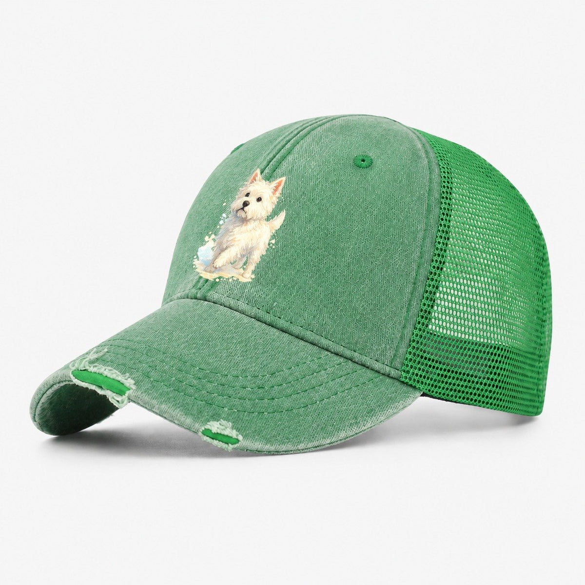 Westie Watercolor Portrait Washed Trucker Hat – Ink Green