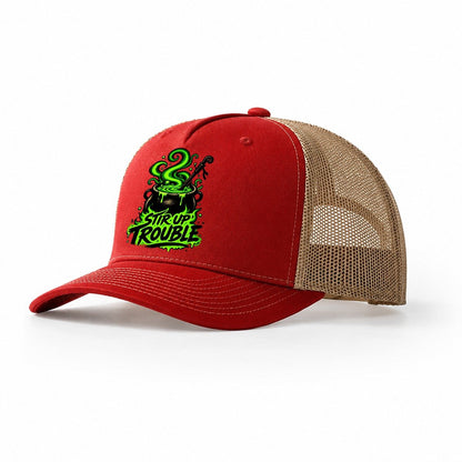 Stir Up Trouble Slogan Witch Magic Trucker Hat – Red Khaki