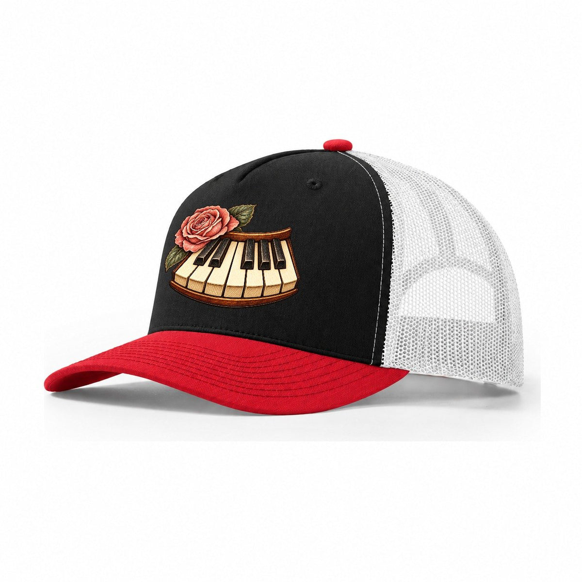 Piano And Garden Rose Character Club Trucker Hat – Black Red White
