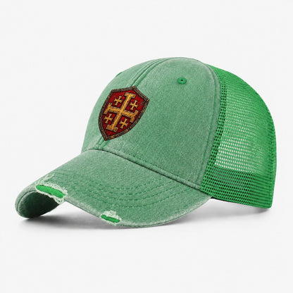 Crusader Battle Shield Heraldry Jerusalem Cross Washed Trucker Hat – Ink Green
