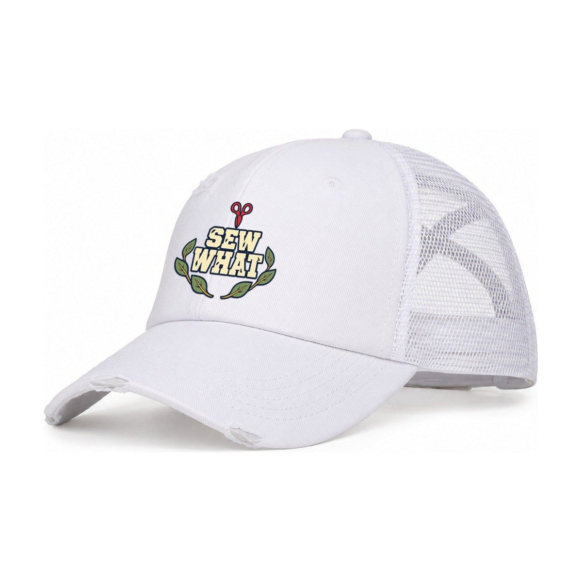 Sew What Sewing And Quilting Women's Ponytail Trucker Hat – White White