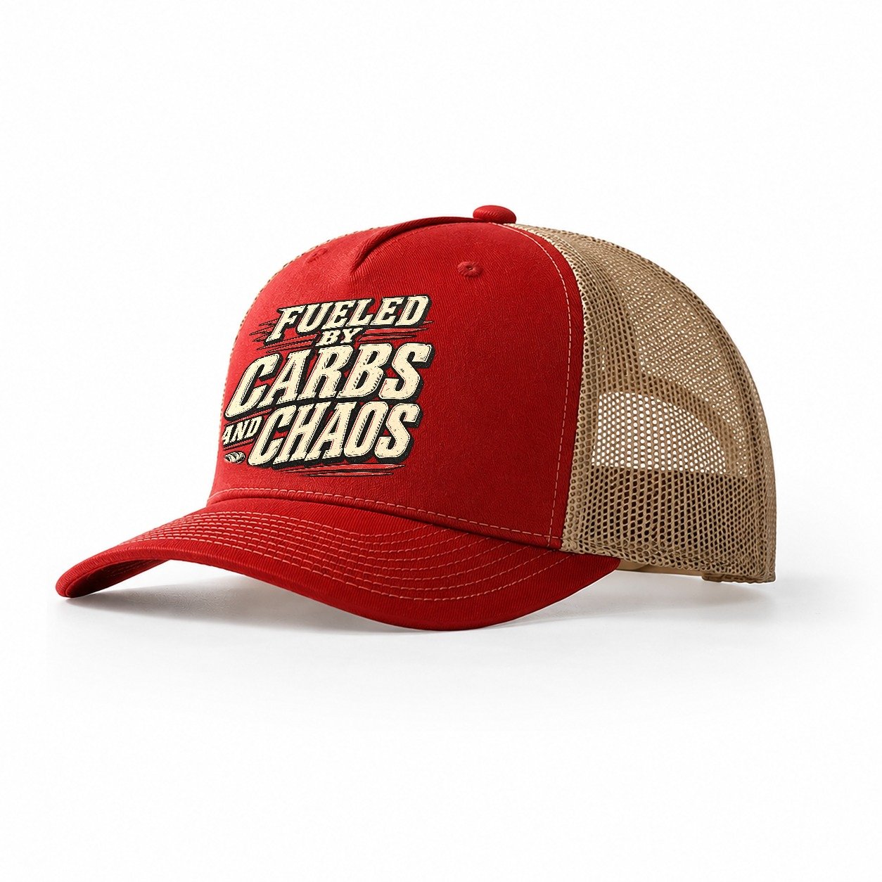 Fueled By Carbs And Chaos American Wit Trucker Hat – Red Khaki