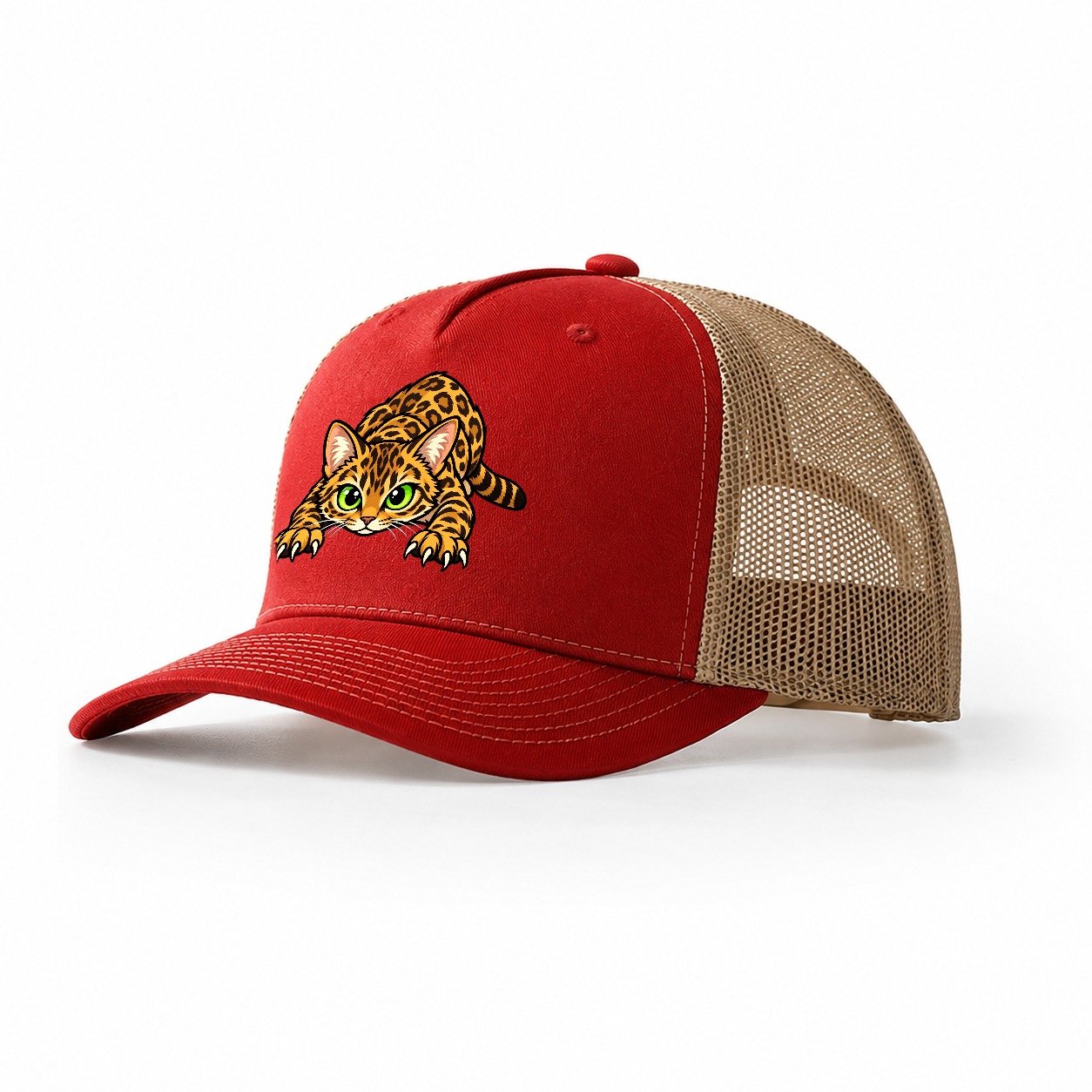 Bengal Crouching Peeking Cats Trucker Hat – Red Khaki