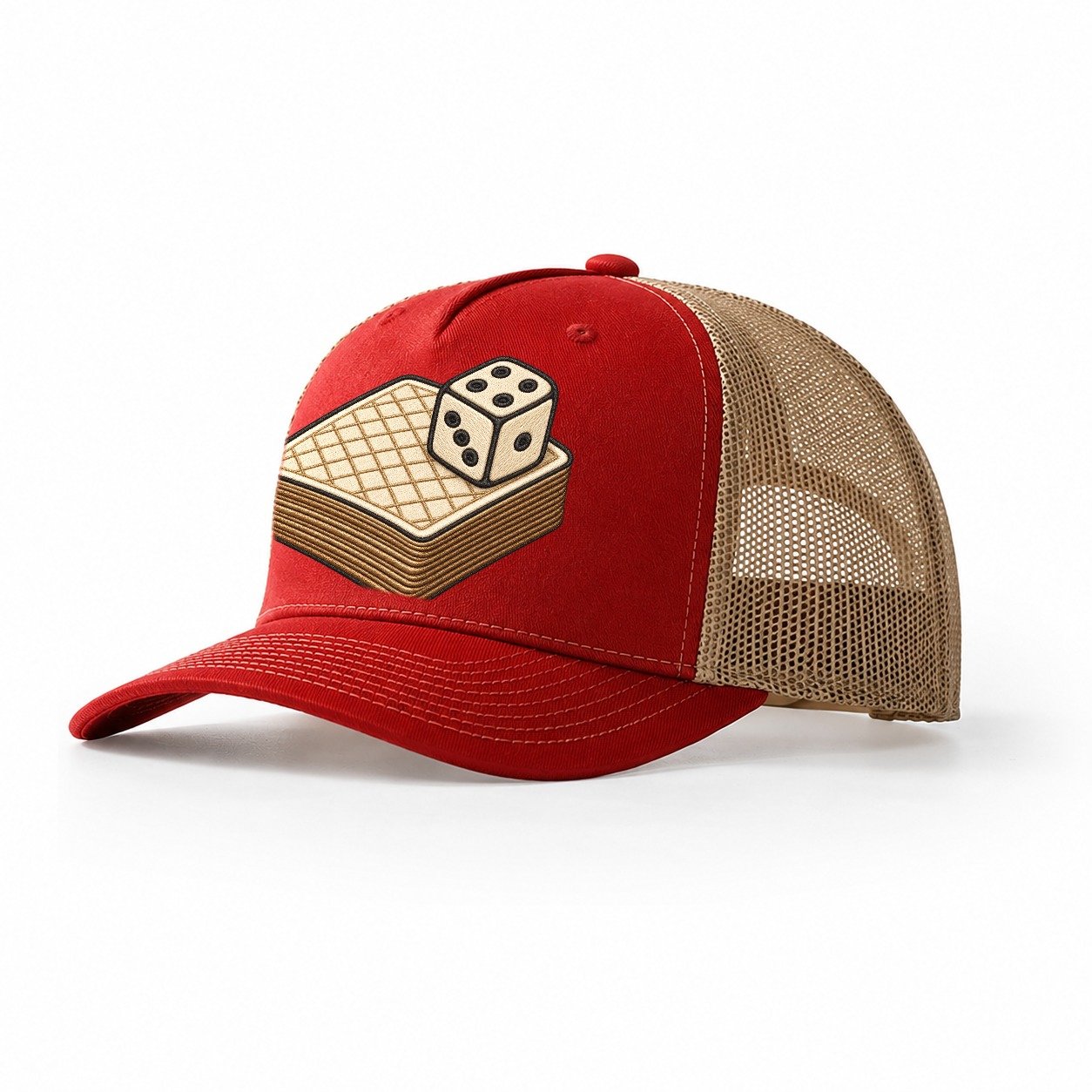 Face Down Card Deck With A Die On Top Board Games Trucker Hat – Red Khaki