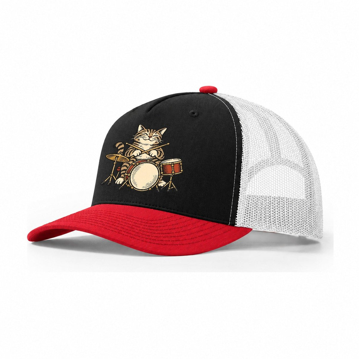 Tabby Jazz Drummer Sundown Familiars Trucker Hat – Black Red White