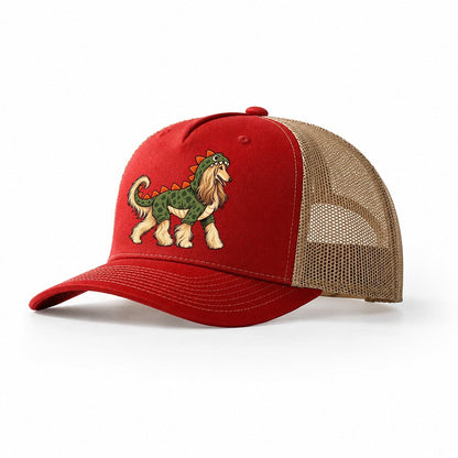 One Afghan Hound In Halloween Costume Dinosaur Costume With Soft Felt Spikes Down The Back Halloween Dog Parade Trucker Hat – Red Khaki