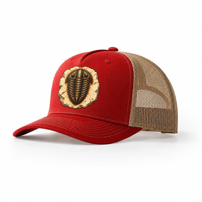 Trilobite In Limestone Rocks And Minerals Trucker Hat – Red Khaki