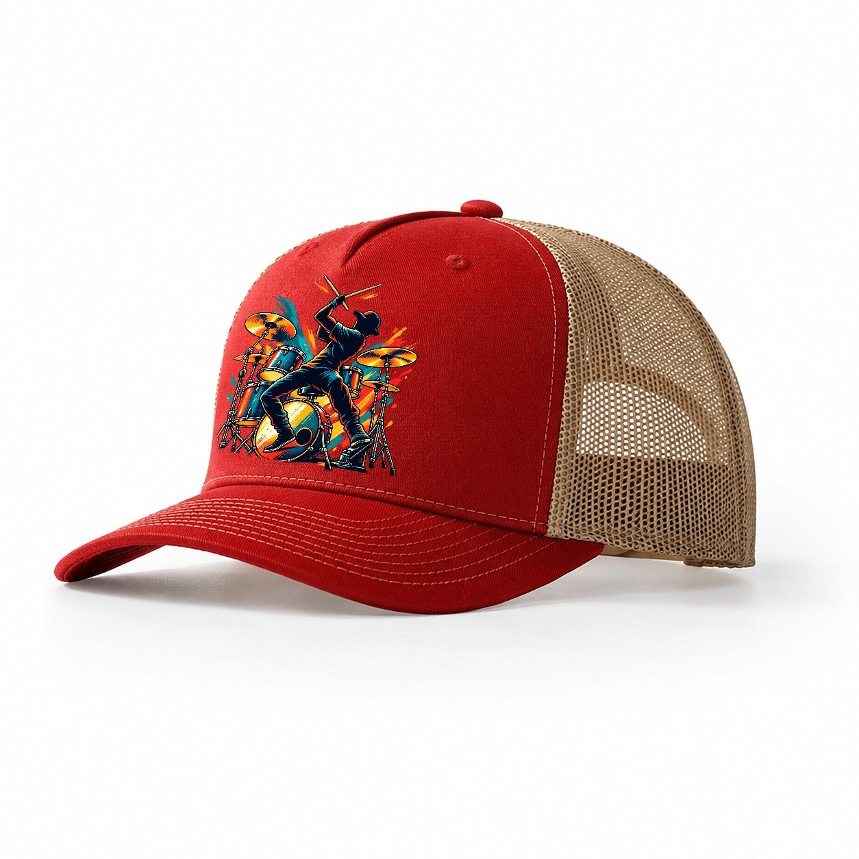 Drum Kit Icon Music Instruments Trucker Hat – Red Khaki