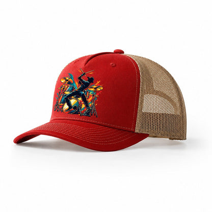 Drum Kit Icon Music Instruments Trucker Hat – Red Khaki