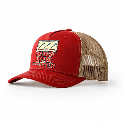 Cut Pin Stitch Sewing And Quilting Trucker Hat – Red Khaki