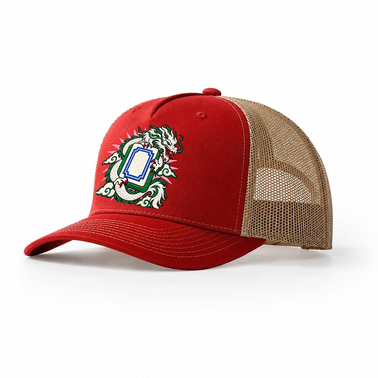 White Dragon Mahjong Game Night Trucker Hat – Red Khaki