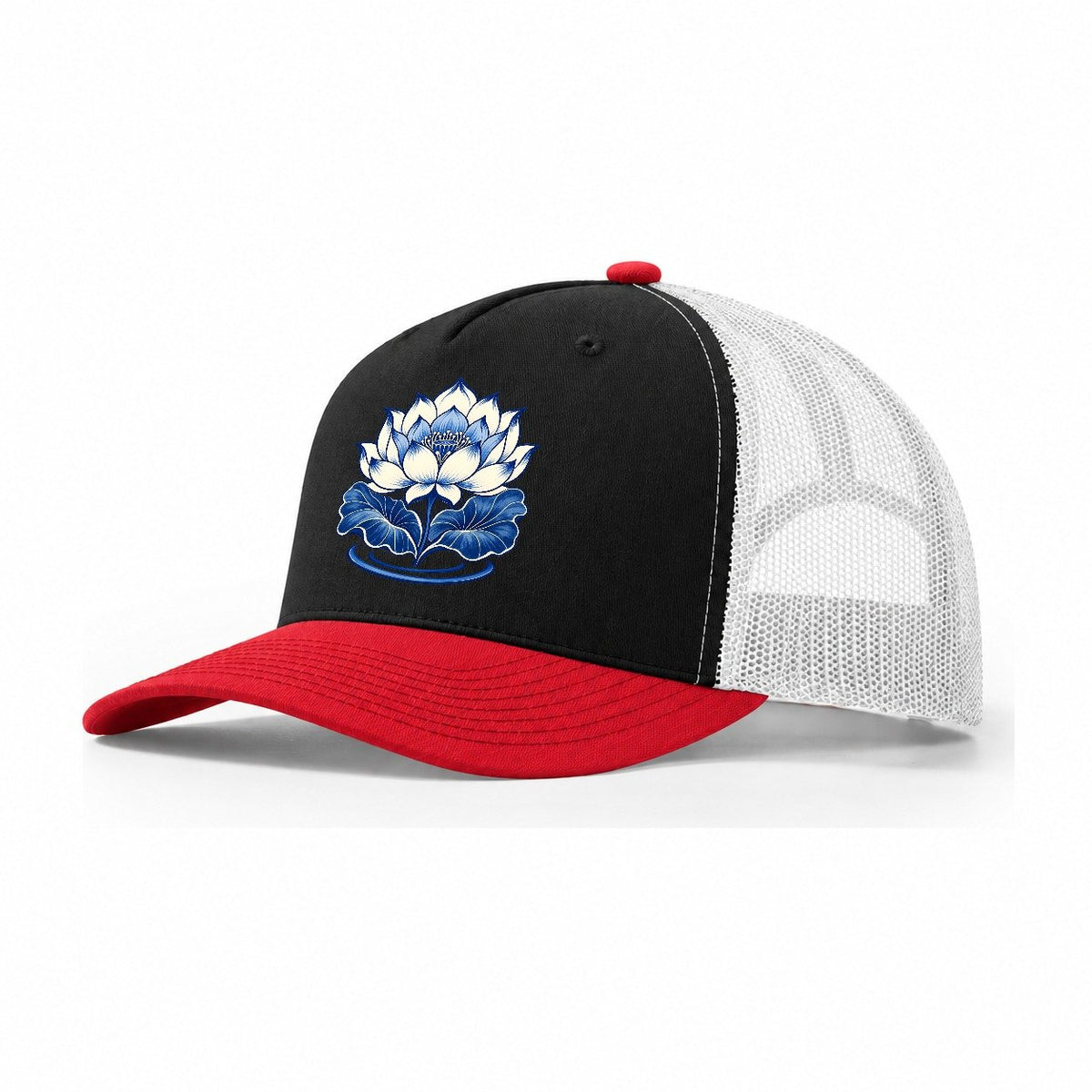 Lotus In Blue Quiet Wards Heritage Trucker Hat – Black Red White