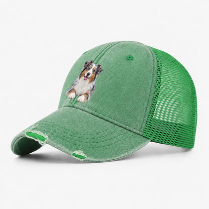 Australian Shepherd Sitting Top Breeds Washed Trucker Hat – Ink Green