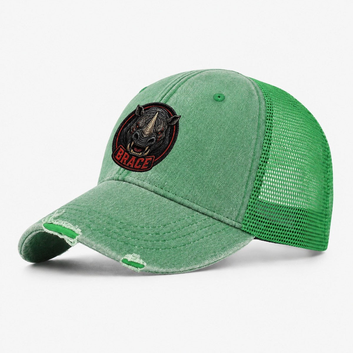 Rhino Brace Badge Washed Trucker Hat – Ink Green