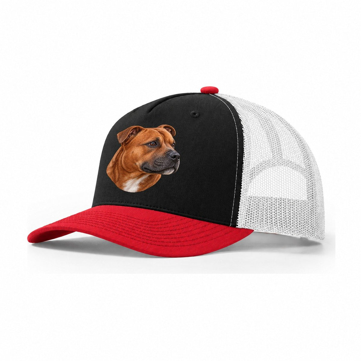 Staffy Red Velvet Profile Pastimes Companions Trucker Hat – Black Red White