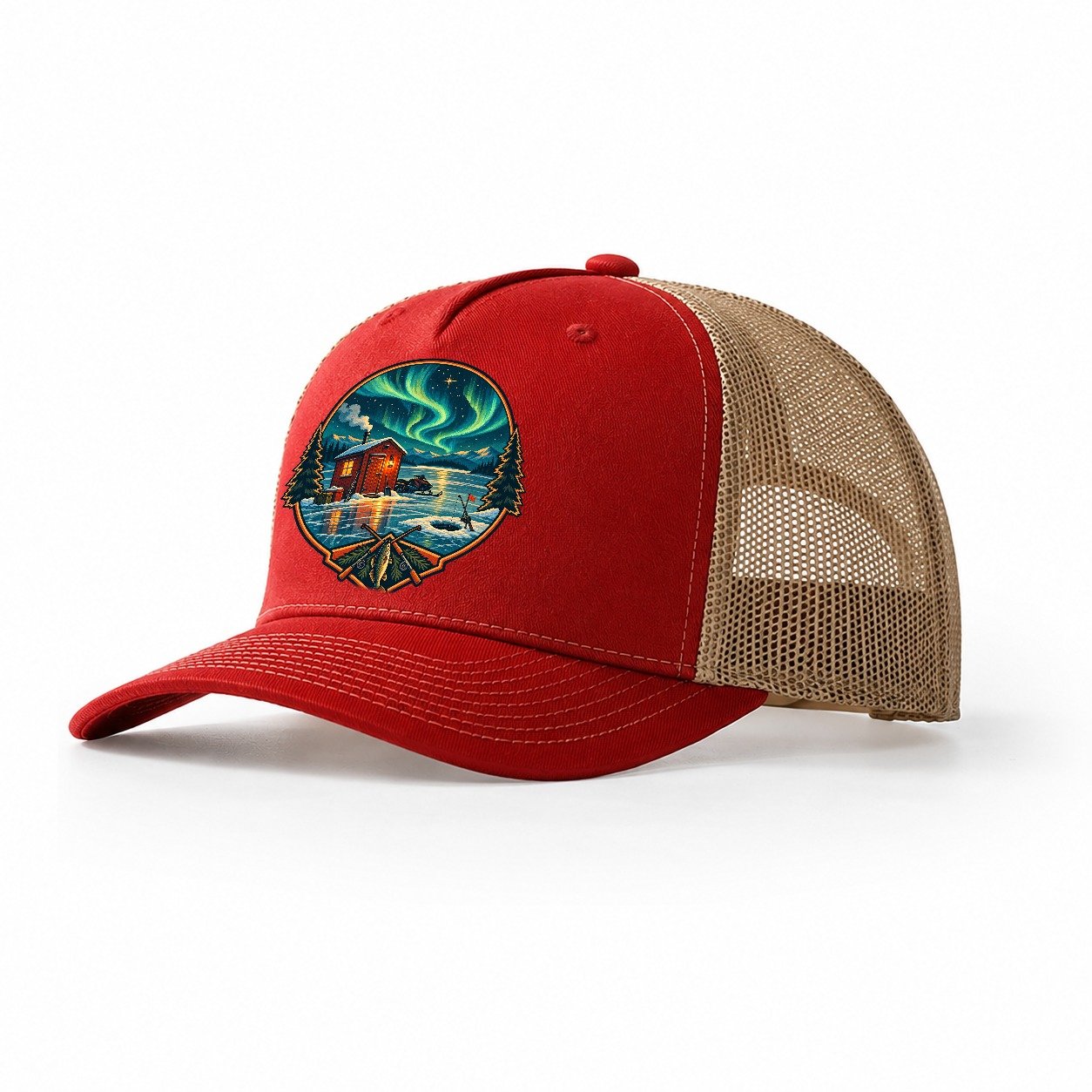 Northern Ice Shack Night Fishing Club Trucker Hat – Red Khaki