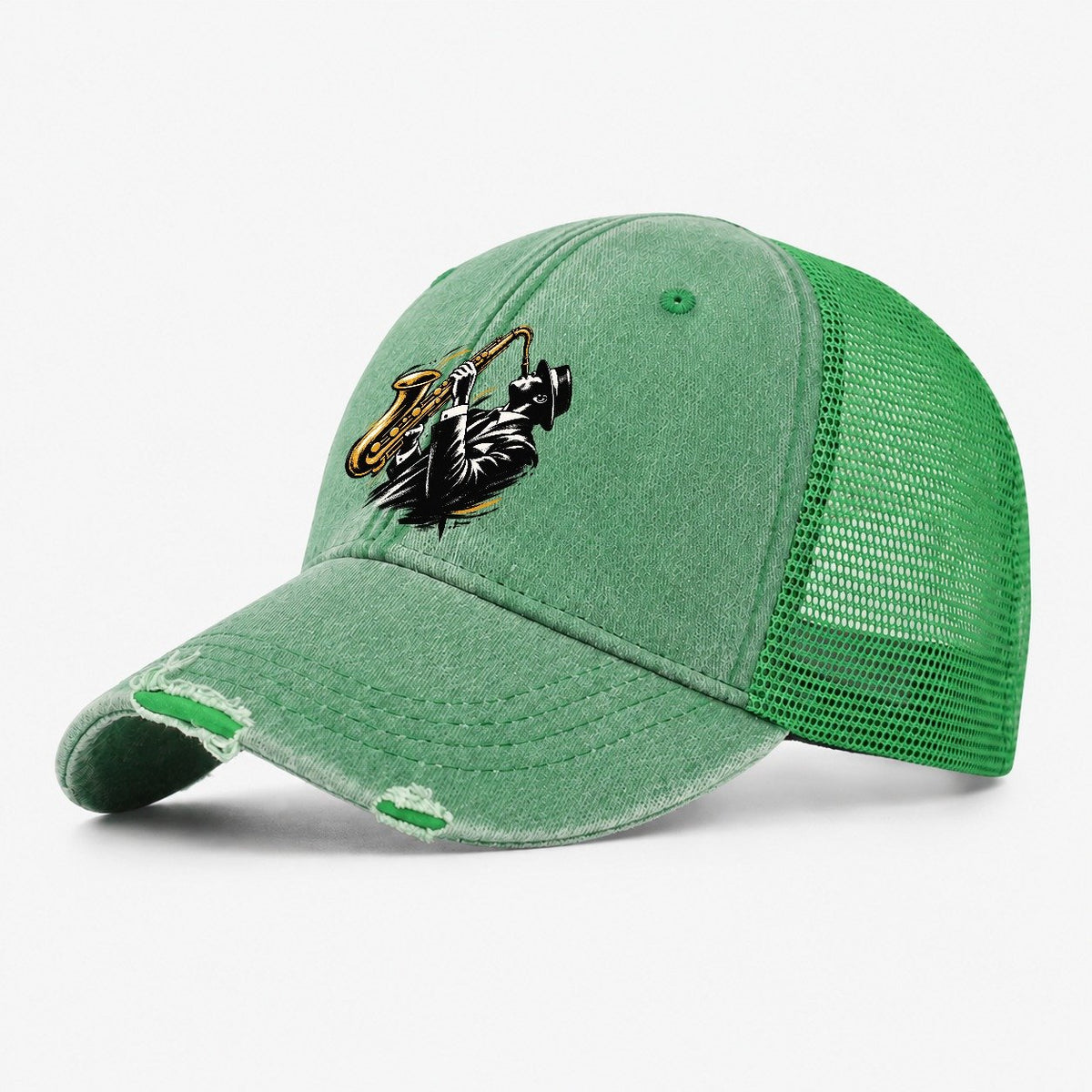 Expressive Ink Jazz Saxophonist Washed Trucker Hat – Ink Green