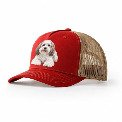 Havanese Lying Down Top Breeds Trucker Hat – Red Khaki