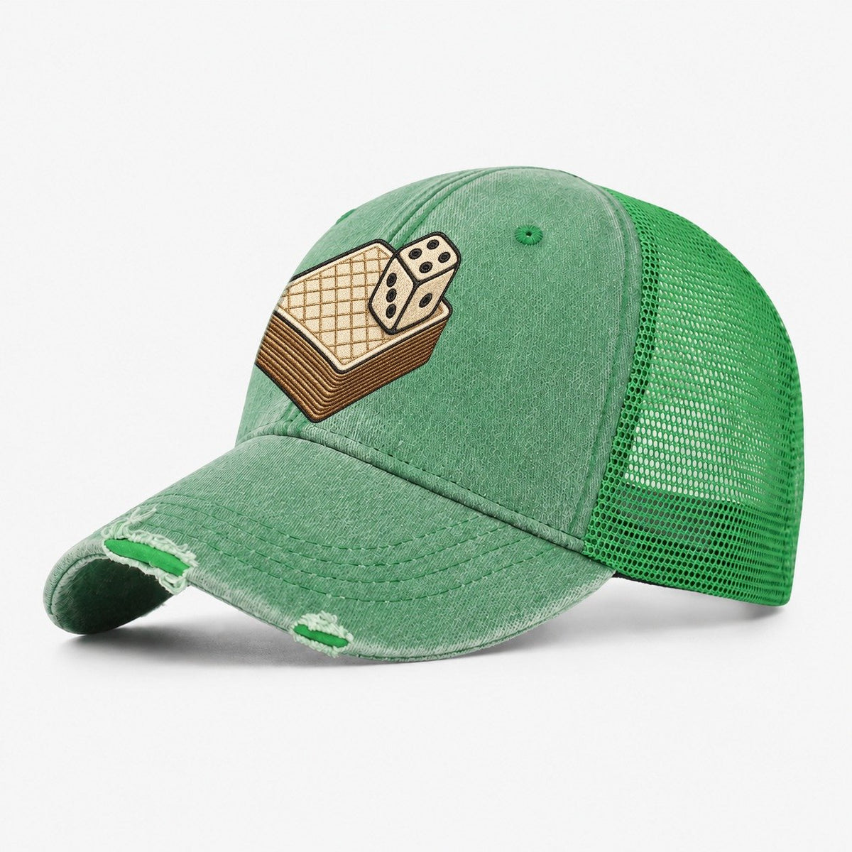 Face Down Card Deck With A Die On Top Board Games Washed Trucker Hat – Ink Green