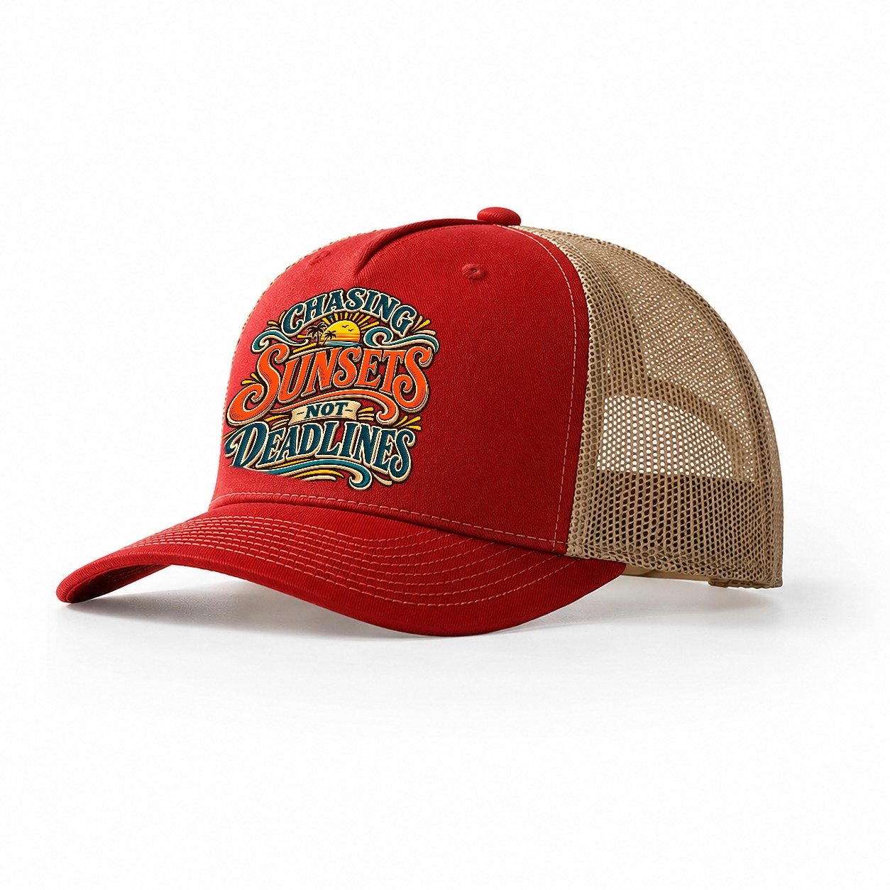 Chasing Sunsets Not Deadlines Retired Living Trucker Hat – Red Khaki