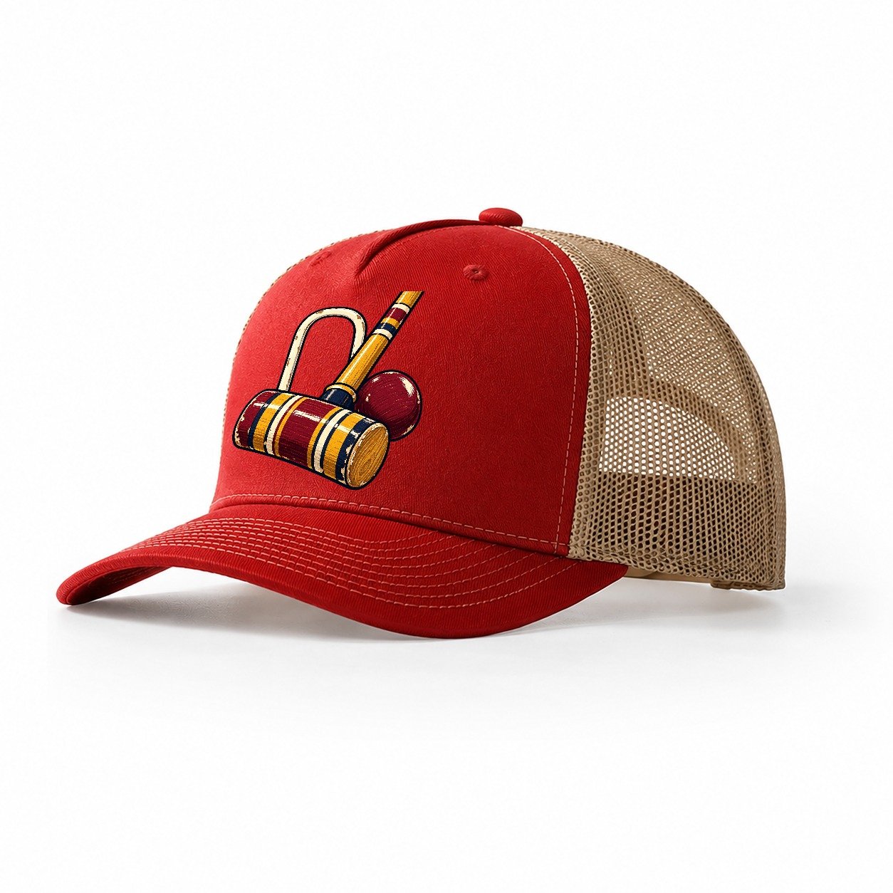 Croquet Mallet Hoop And Burgundy Ball Uk Culture Heritage Trucker Hat – Red Khaki