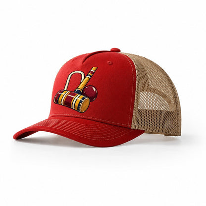 Croquet Mallet Hoop And Burgundy Ball Uk Culture Heritage Trucker Hat – Red Khaki