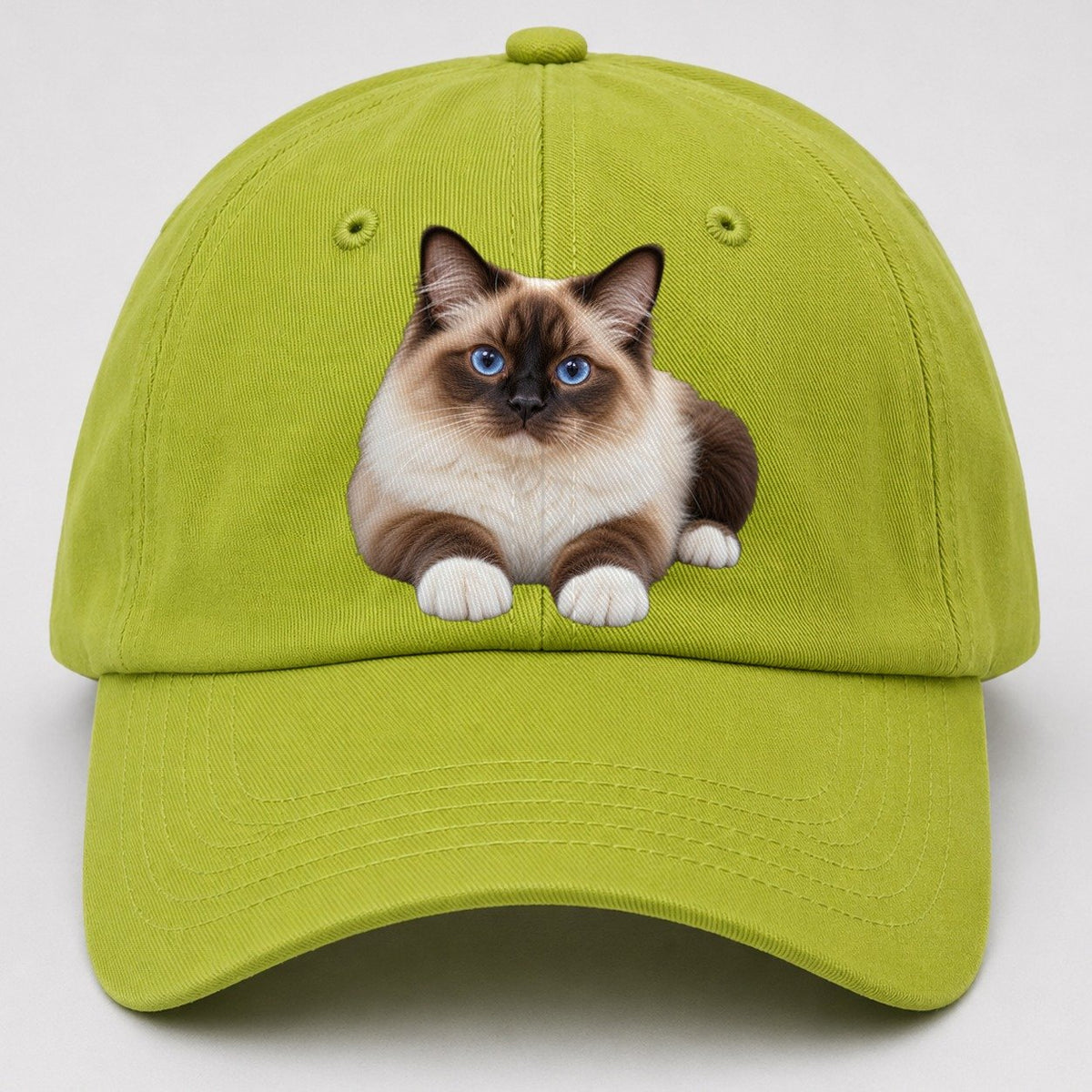 Birman Reclining Paws Forward Realistic Cat Portrait Baseball Cap – Fluorescent Green