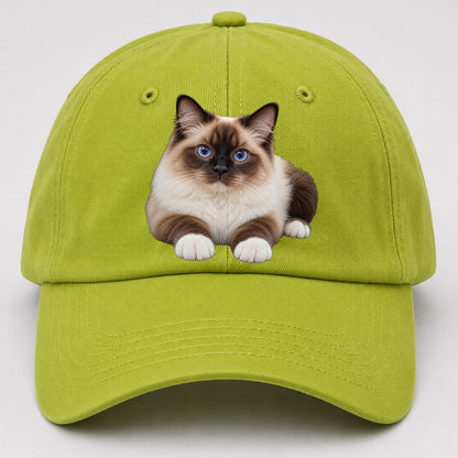 Birman Reclining Paws Forward Realistic Cat Portrait Baseball Cap – Fluorescent Green