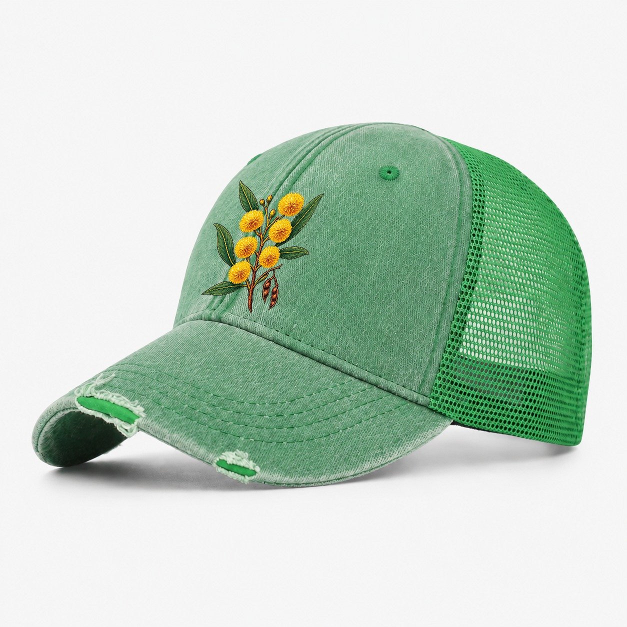 Golden Wattle Flowering Sprig Australia Cultural Icons Washed Trucker Hat – Ink Green