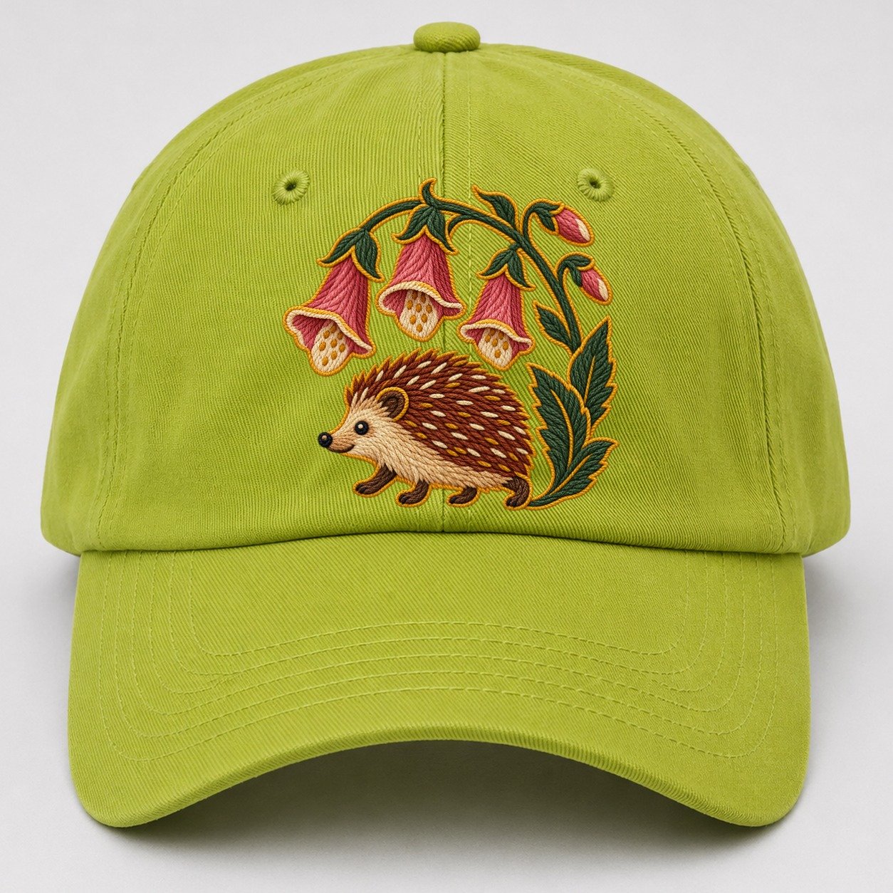 English Foxglove And Hedgehog Uk Culture Heritage Baseball Cap – Fluorescent Green