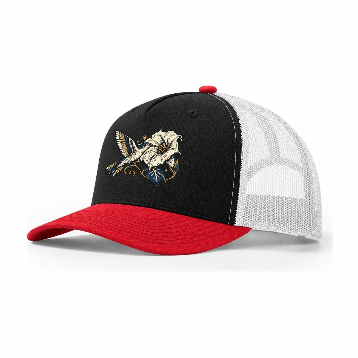 Hummingbird Night Flower Sundown Familiars Trucker Hat – Black Red White