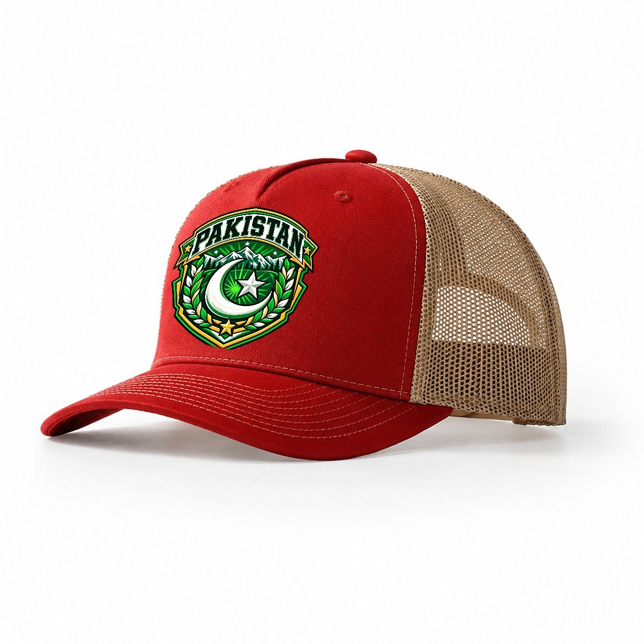 Pakistan Retro Badge Country Logos Trucker Hat – Red Khaki