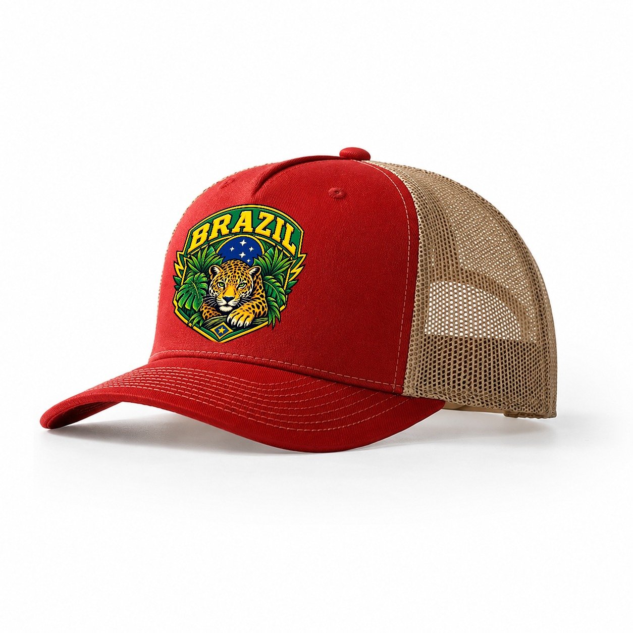 Brazil Retro Badge Country Logos Trucker Hat – Red Khaki