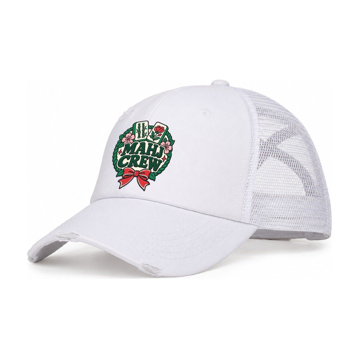 Mahj Crew Mahjong Game Night Women's Ponytail Trucker Hat – White White