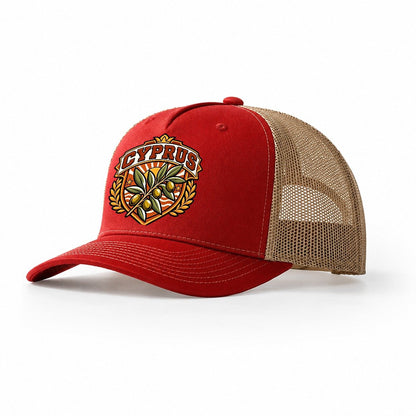 Cyprus Retro Badge Country Logos Trucker Hat – Red Khaki