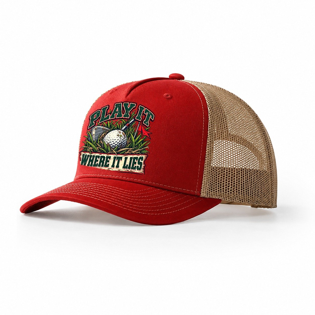 Play It Where It Lies Golf Life Trucker Hat – Red Khaki