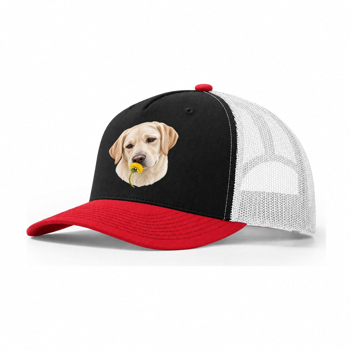 Cream Labrador Dandelion Pause Pastimes Companions Trucker Hat – Black Red White
