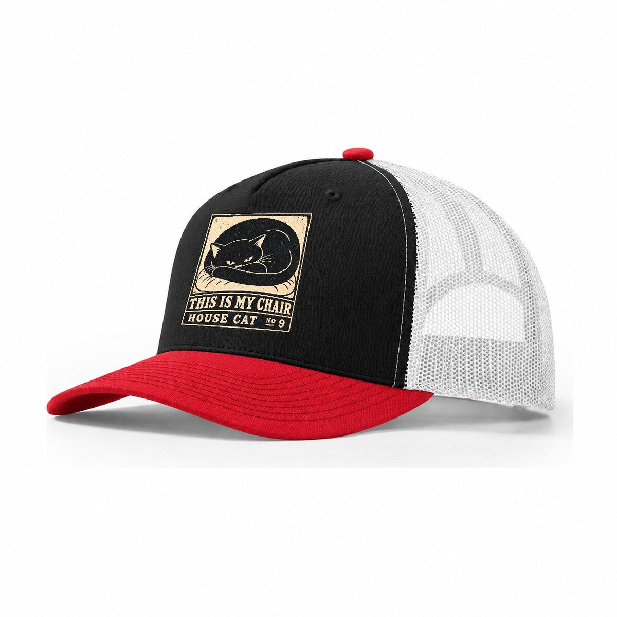 This Is My Chair Neko Says No Trucker Hat – Black Red White