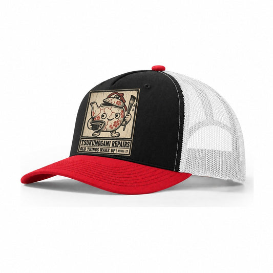 Tsukumogami Repairs Yokai Night Market Trucker Hat – Black Red White