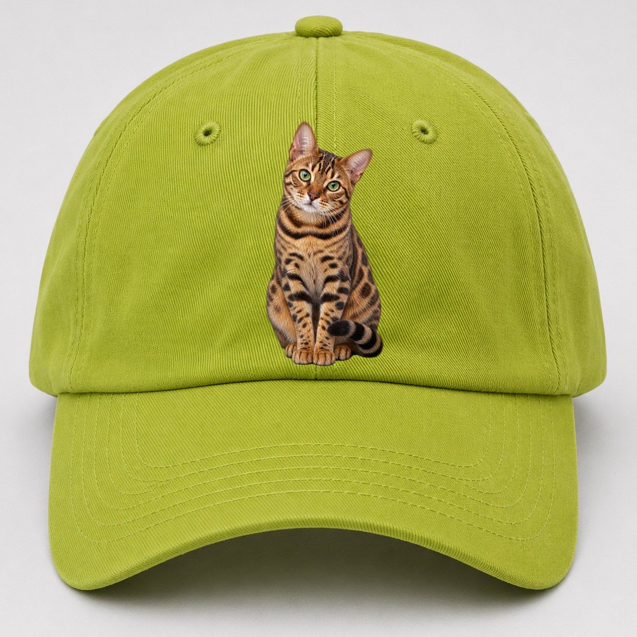 Bengal Seated Portrait Realistic Cat Portrait Baseball Cap – Fluorescent Green