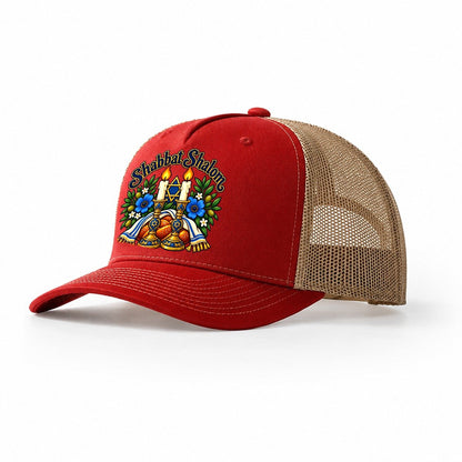 Shabbat Shalom Candles Judaism Heritage Trucker Hat – Red Khaki