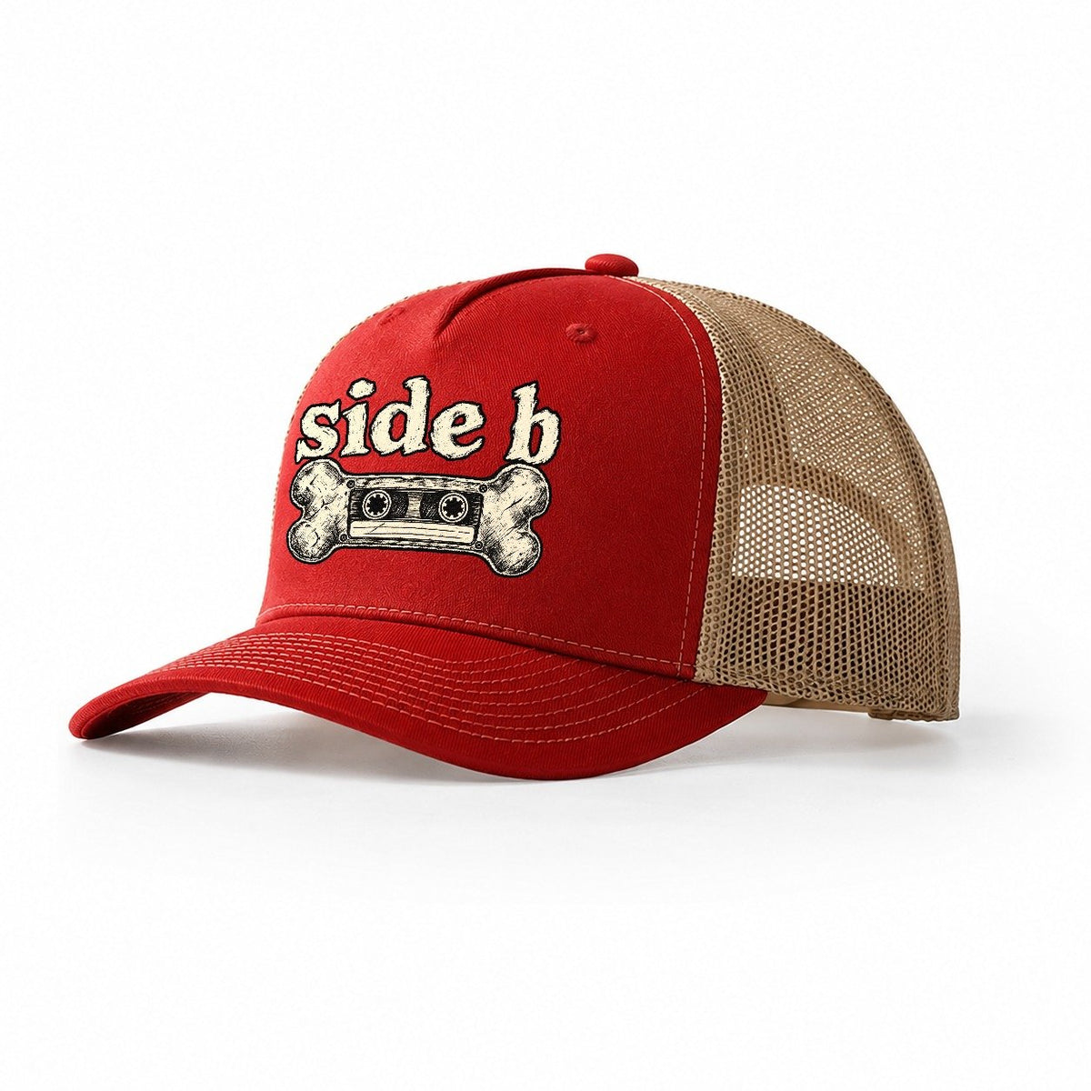 A Dog Bone Drawn As A Cassette Tape Bark For Me Trucker Hat – Red Khaki