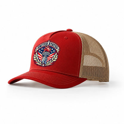 United States Retro Badge Country Logos Trucker Hat – Red Khaki