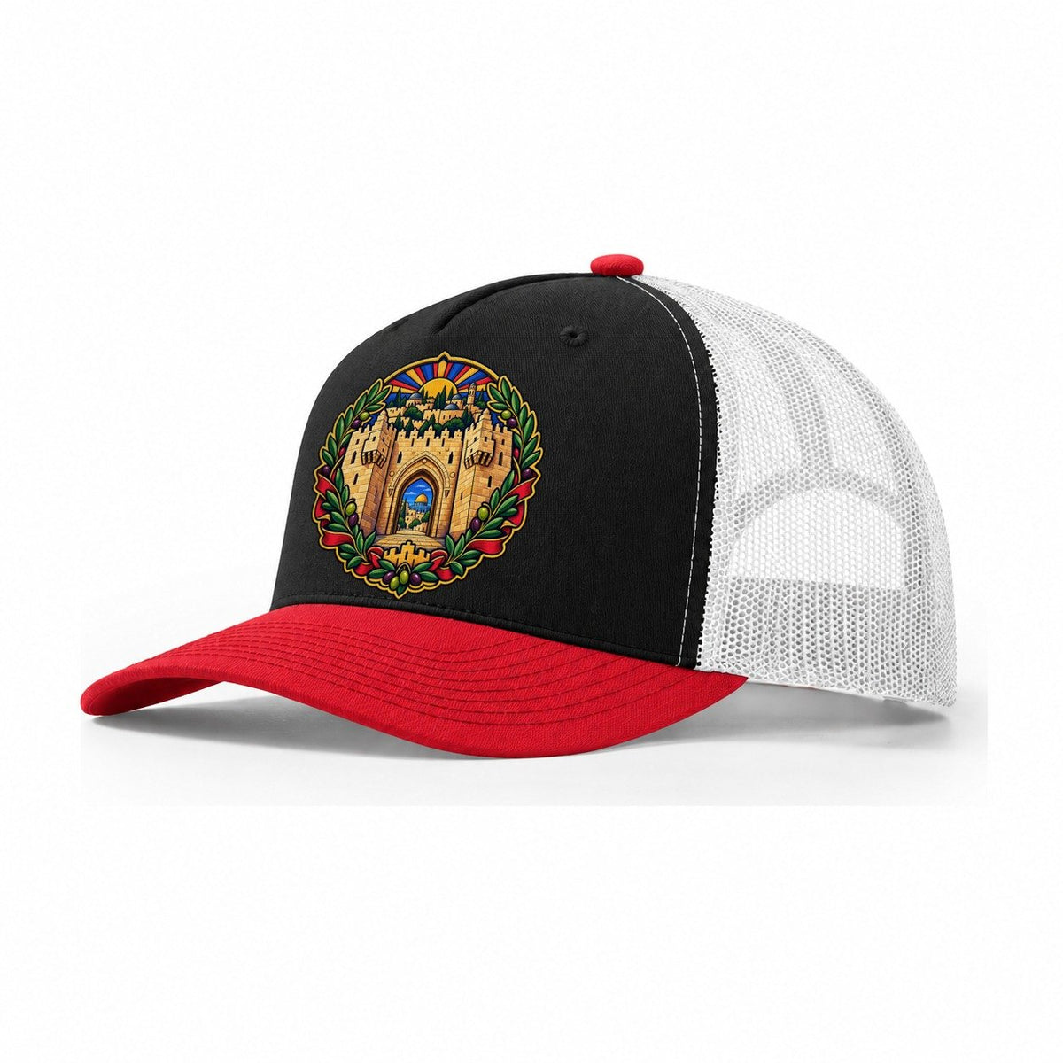Damascus Gate Arch Jerusalem Trucker Hat – Black Red White