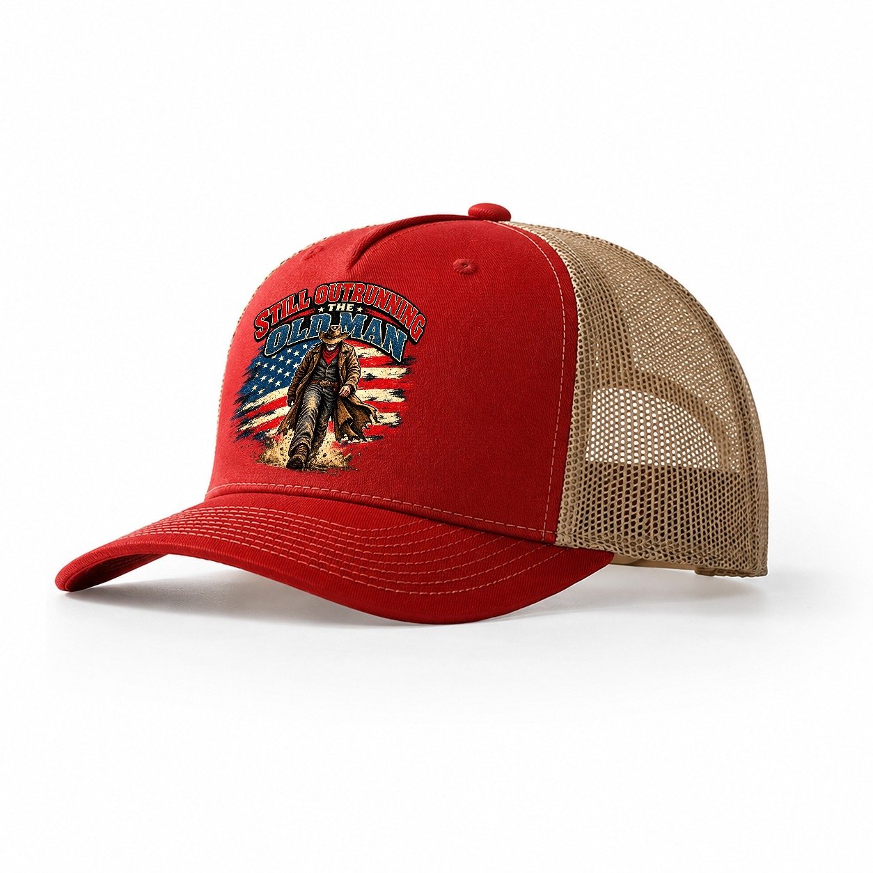 Still Outrunning The Old Man Old Man Strong Trucker Hat – Red Khaki