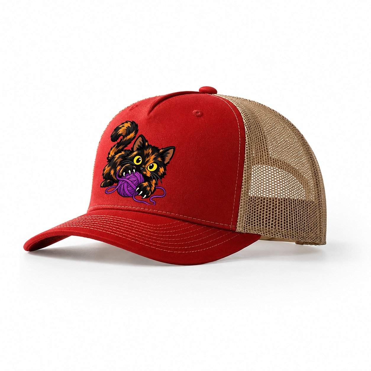 Tortoiseshell Playing Yarn Peeking Cats Trucker Hat – Red Khaki