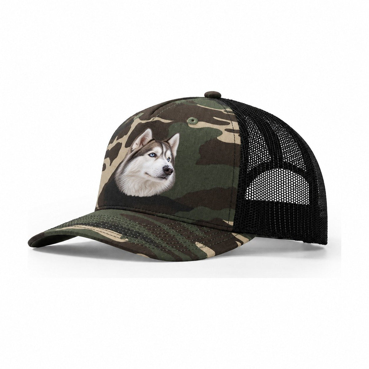 Husky Frosted Whiskers Character Club Trucker Hat – Woodland Camo Black