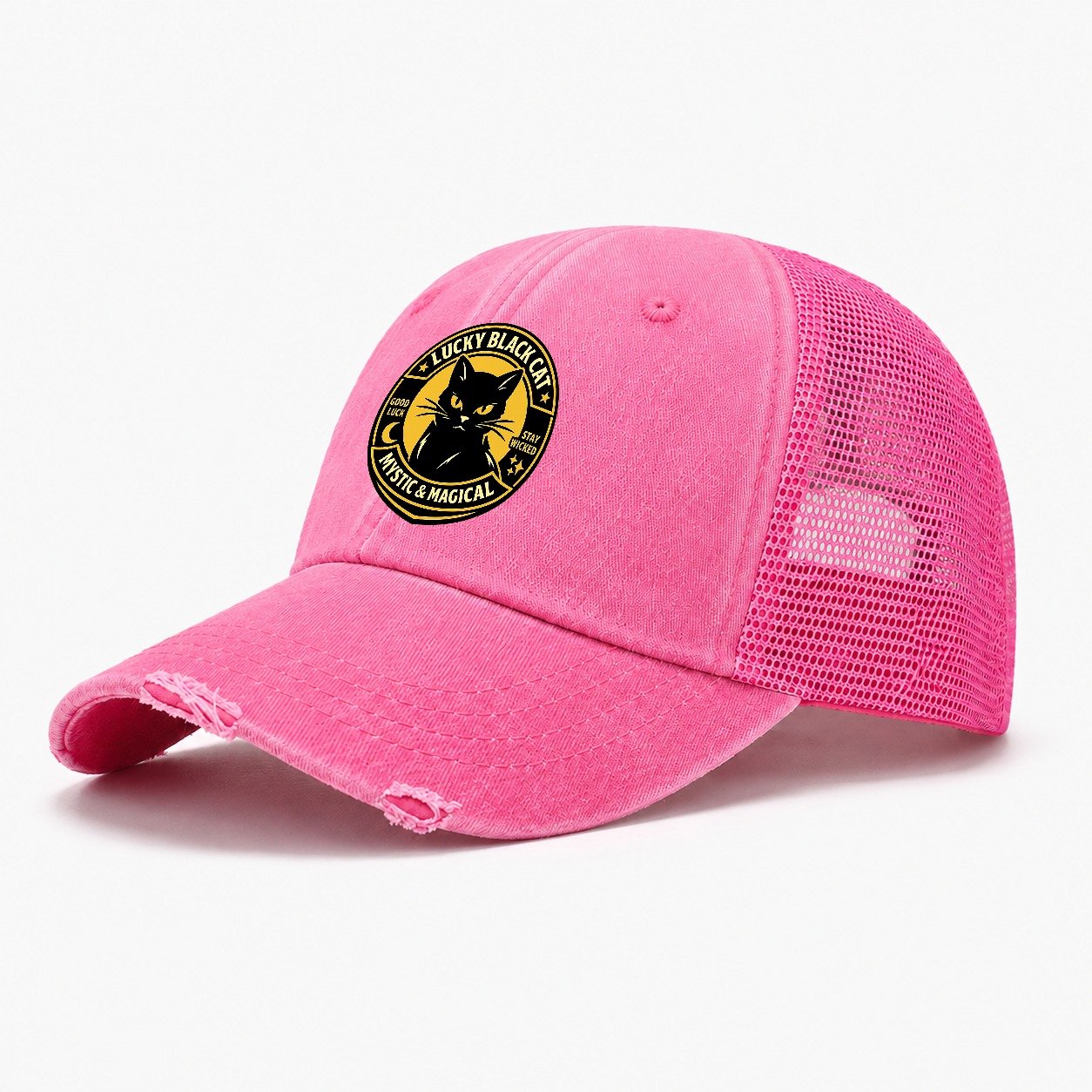 Mystic Feline Emblem Washed Trucker Hat – Rose