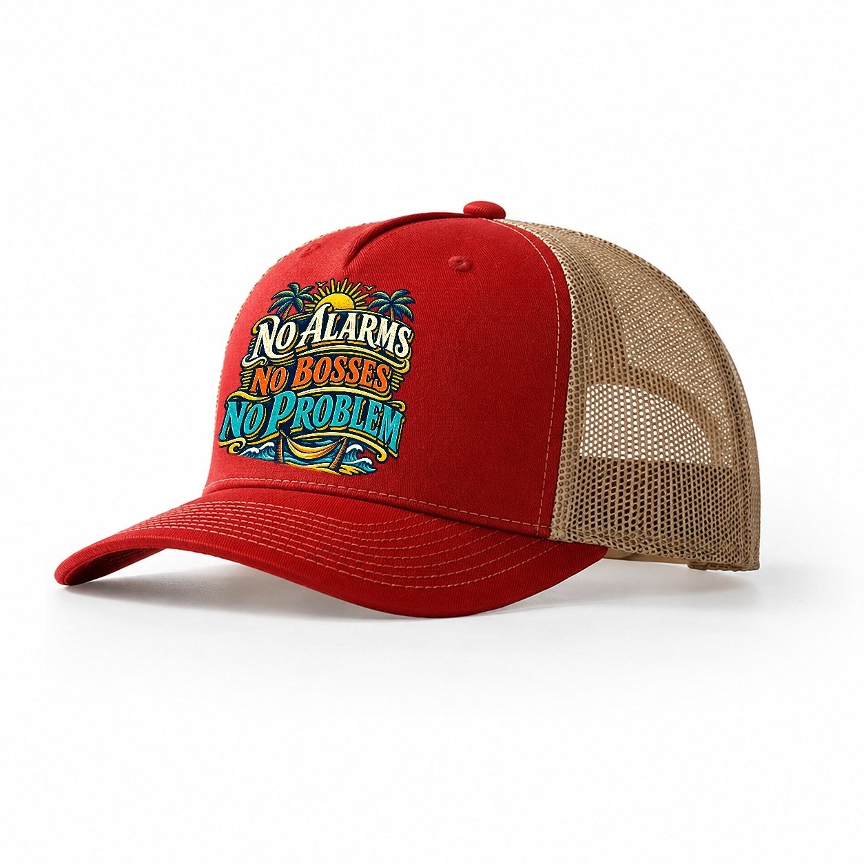 No Alarms No Bosses No Problem Retired Living Trucker Hat – Red Khaki