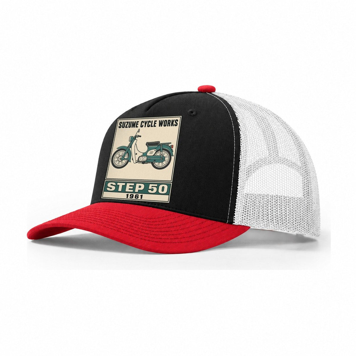 Suzume Step 50 Showa Speed Plates Trucker Hat – Black Red White